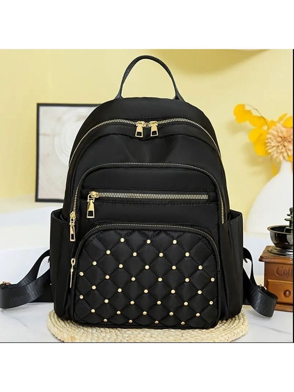 Sleek Commuter Black/Gold Nylon Travel Backpack with Adjustable Straps NIP